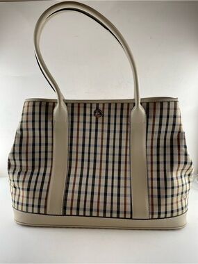 Dunlop Large Nova Check Plaid Tote Bag Cream Trim Like New